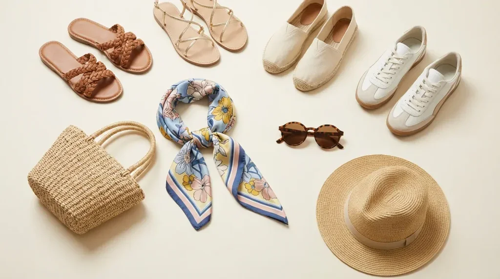 Selección de sandalias, zapatillas, bolso de rafia, pañuelo y sombrero para vacaciones de verano