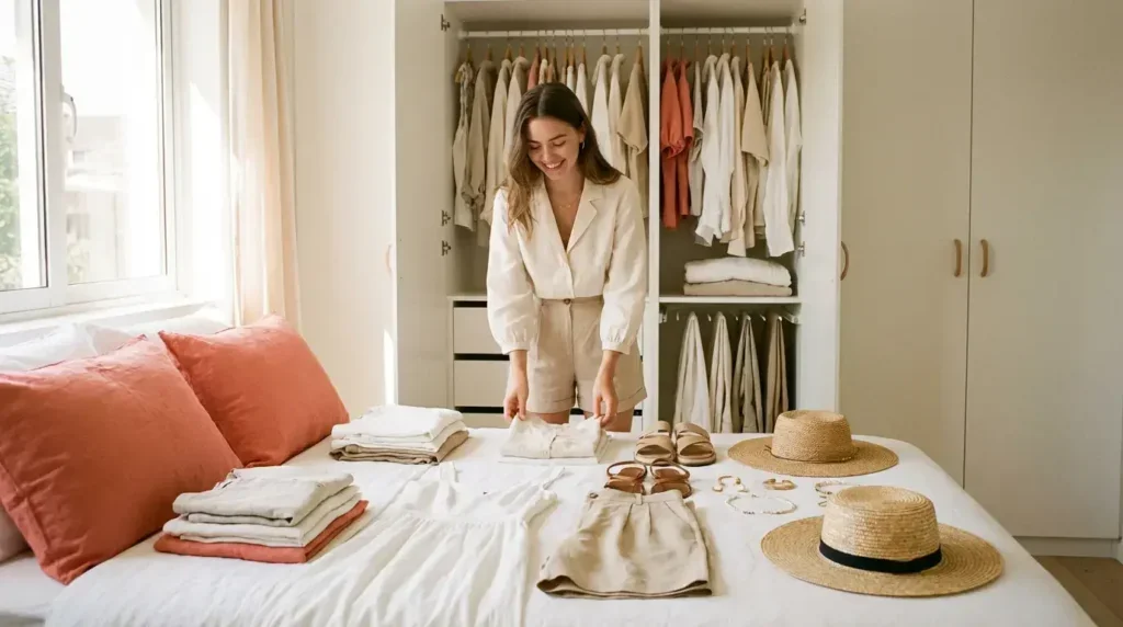 Mujer organizando ropa y accesorios de verano sobre la cama para preparar una maleta cápsula
