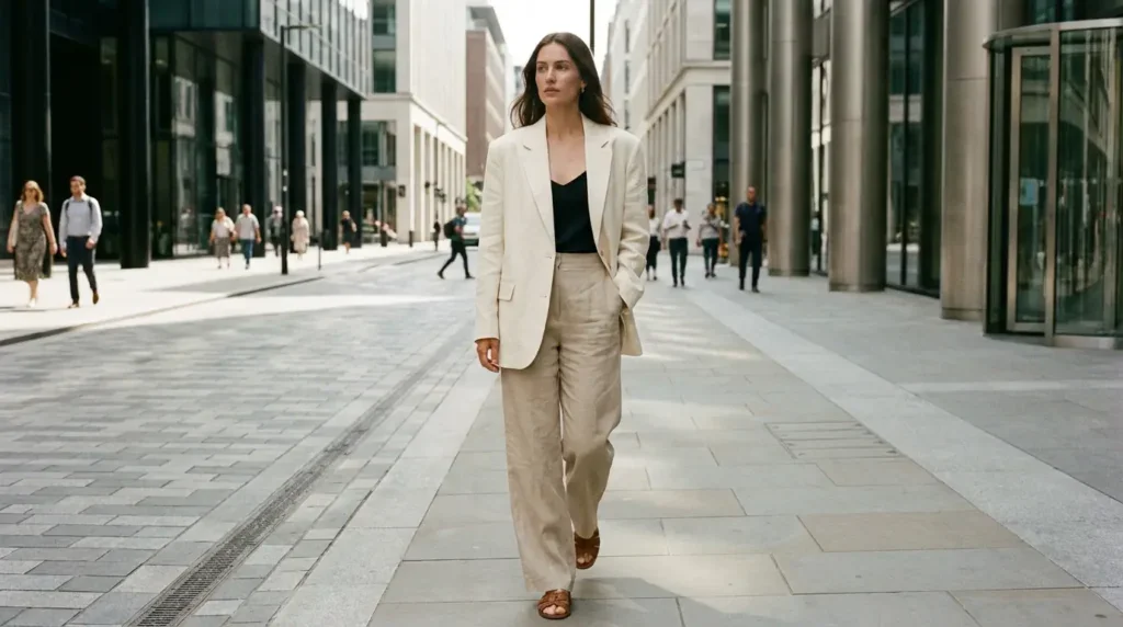 Mujer con blazer blanco y pantalón de lino beige caminando por una calle de oficinas