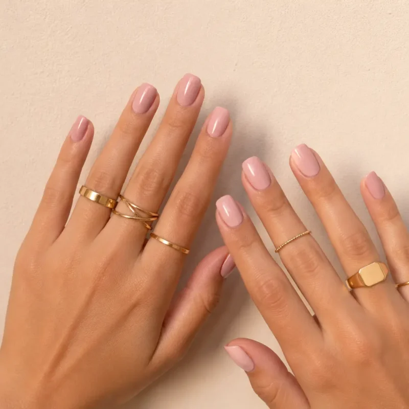 Manos con manicura rosa y varios anillos dorados de estilo minimalista