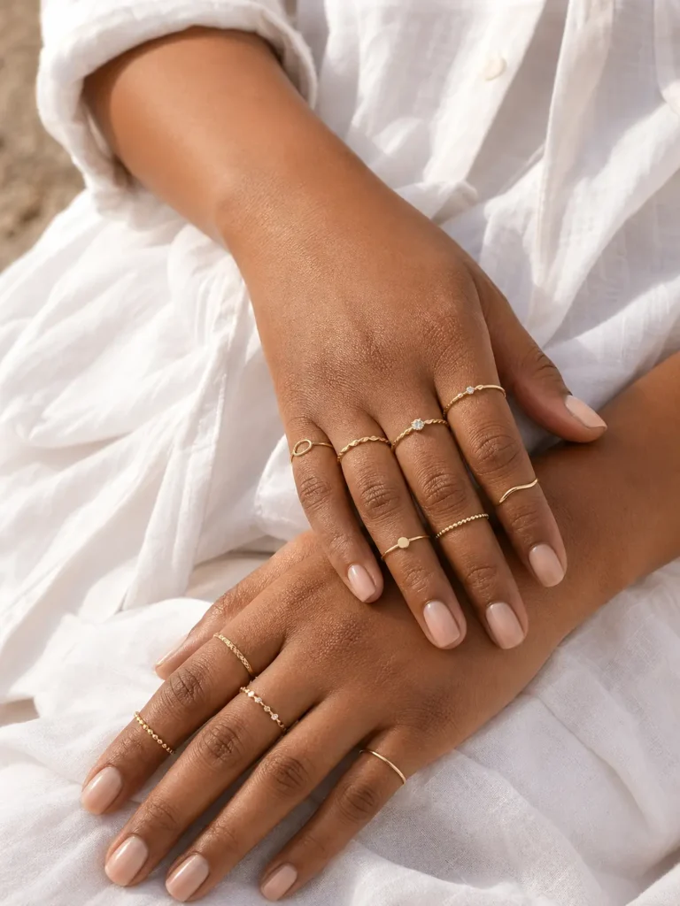 Manos morenas con anillos dorados finos sobre tela blanca de lino