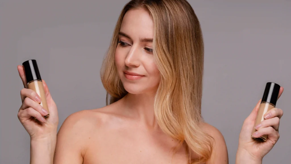 mujer mostrando base para kit de maquillaje básico