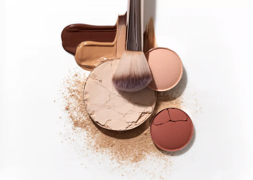 productos esenciales para maquillaje básico sobre tocador