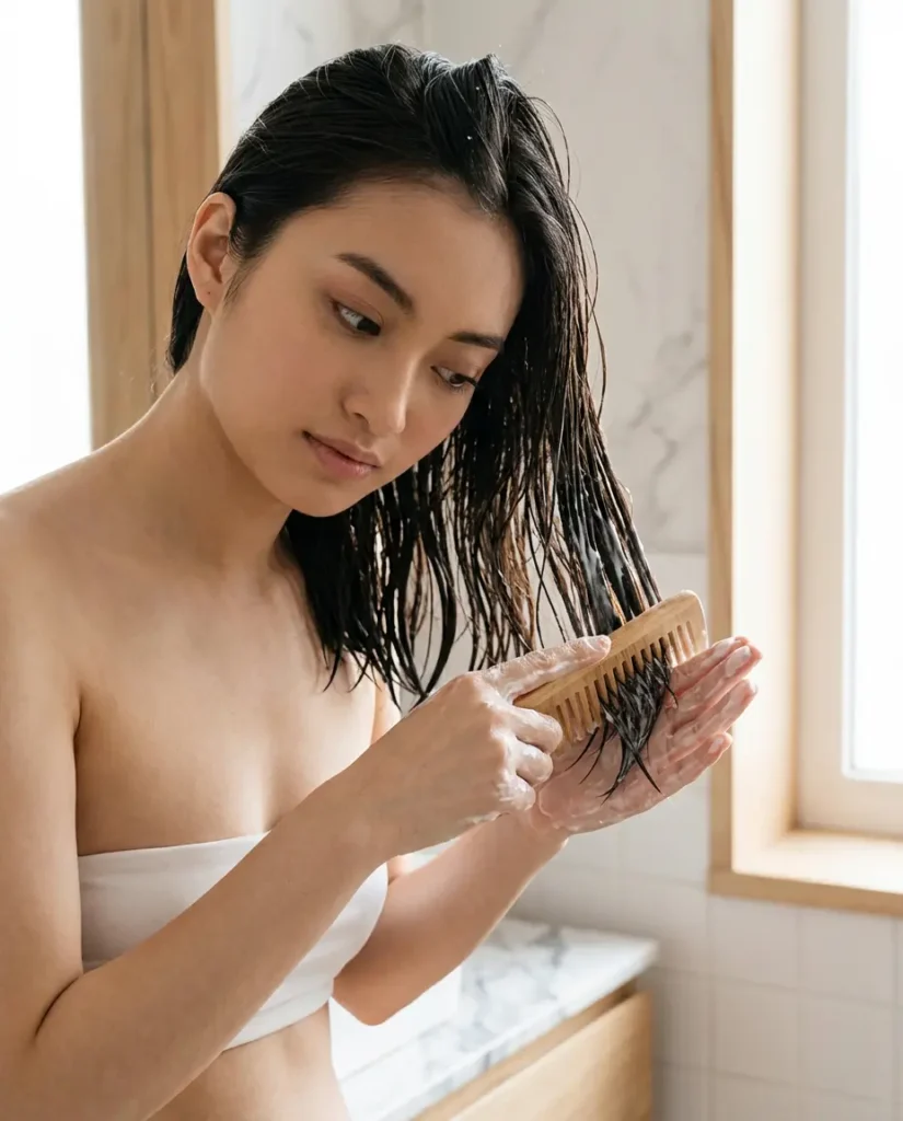 Aplicación de mascarilla capilar de medios a puntas y desenredado suave con peine de dientes anchos