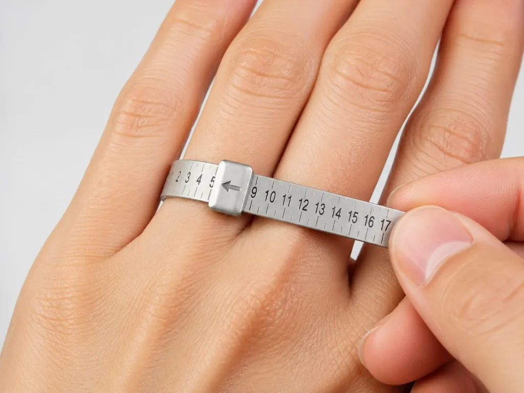 Medición de talla de anillo en dedo con medidor metálico ajustable