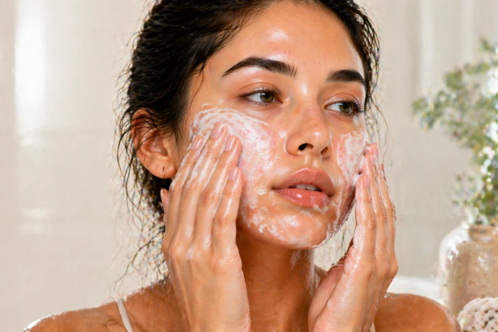Mujer joven realizando la limpieza de su rostro