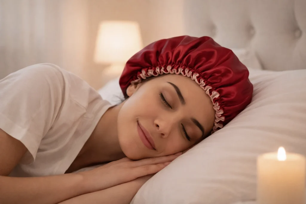 Mujer joven cuidando su pelo largo mientras duerme