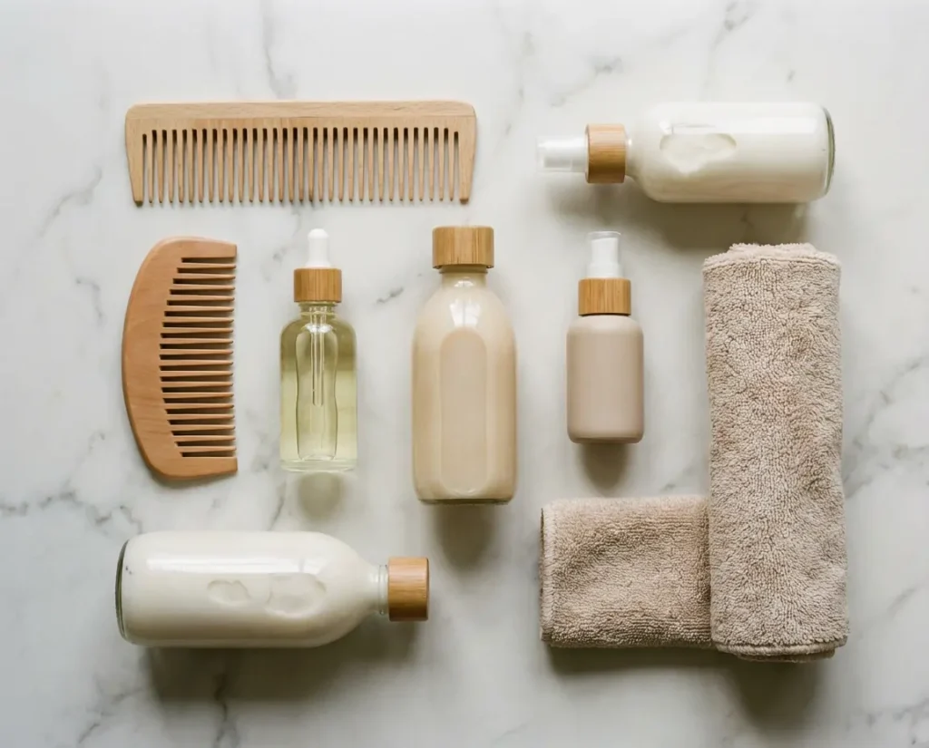 Flat lay de productos y herramientas para el cuidado del cabello como champú, acondicionador y peine