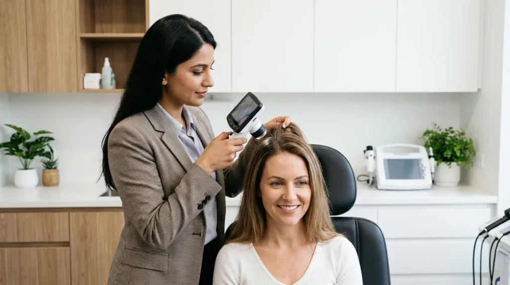 Profesional revisando el cuero cabelludo de una paciente en consulta capilar con herramienta de análisis