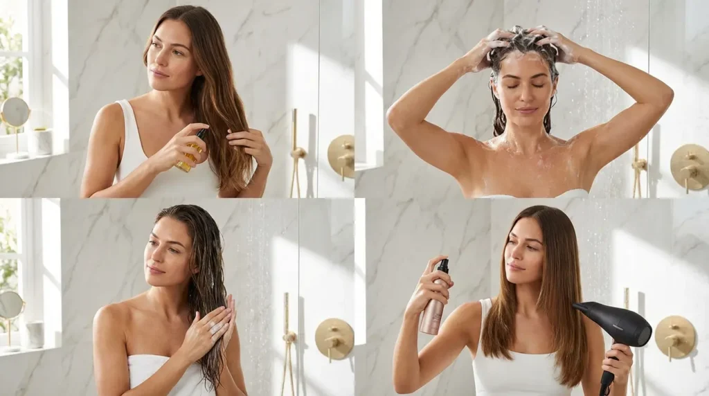 Collage con los pasos de una rutina capilar completa desde prelavado hasta acabado con protección térmica