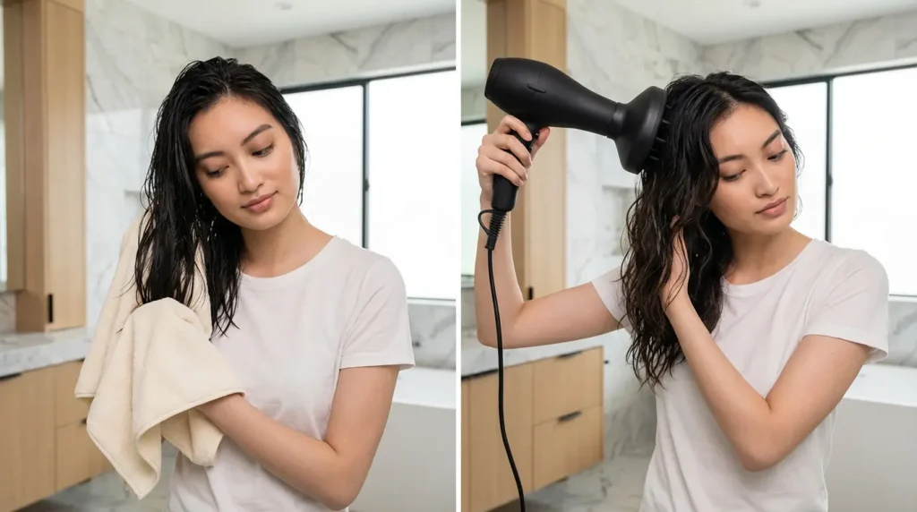 Mujer secando su cabello con difusor y usando protector térmico después de retirar el exceso de agua