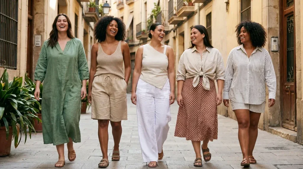 Cinco mujeres con looks de verano en tejidos naturales y tonos neutros caminando por una calle