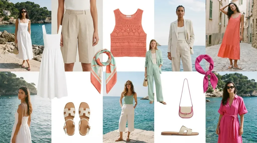 Collage de looks de verano con vestidos ligeros, conjuntos de lino y accesorios coloridos