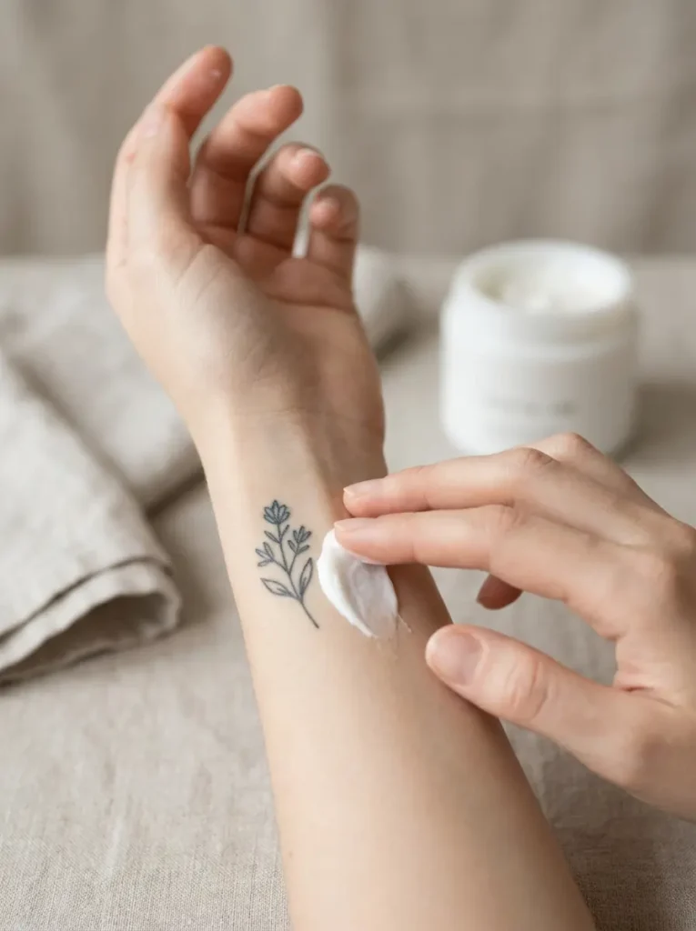 Crema depilatoria aplicada cerca de una zona tatuada como ejemplo de precaución en piel sensible