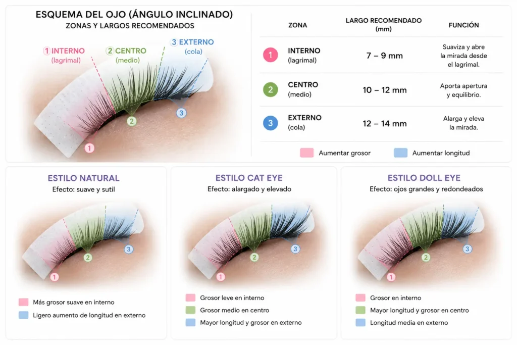 Infografía de extensiones de pestañas en ángulo inclinado sobre parche blanco. El ojo está dividido en tres zonas: interno, centro y externo, marcadas con colores rosa, verde y azul.
