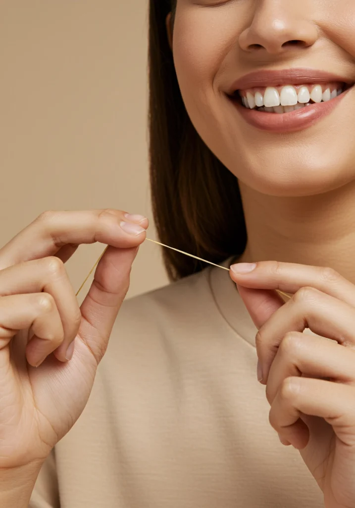Mujer realizando una limpieza bucal con hilo dental