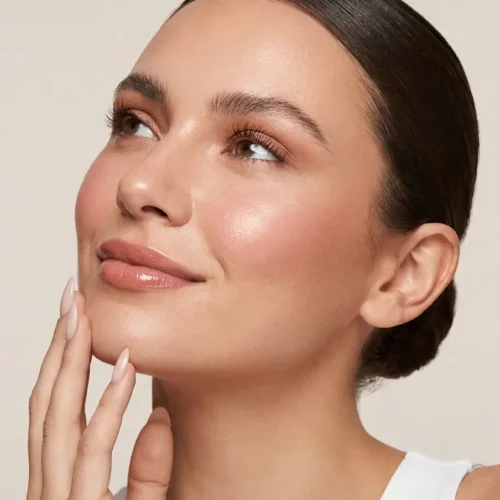 Rostro con huesos de las mejillas definidos mediante maquillaje luminoso y contorno suave