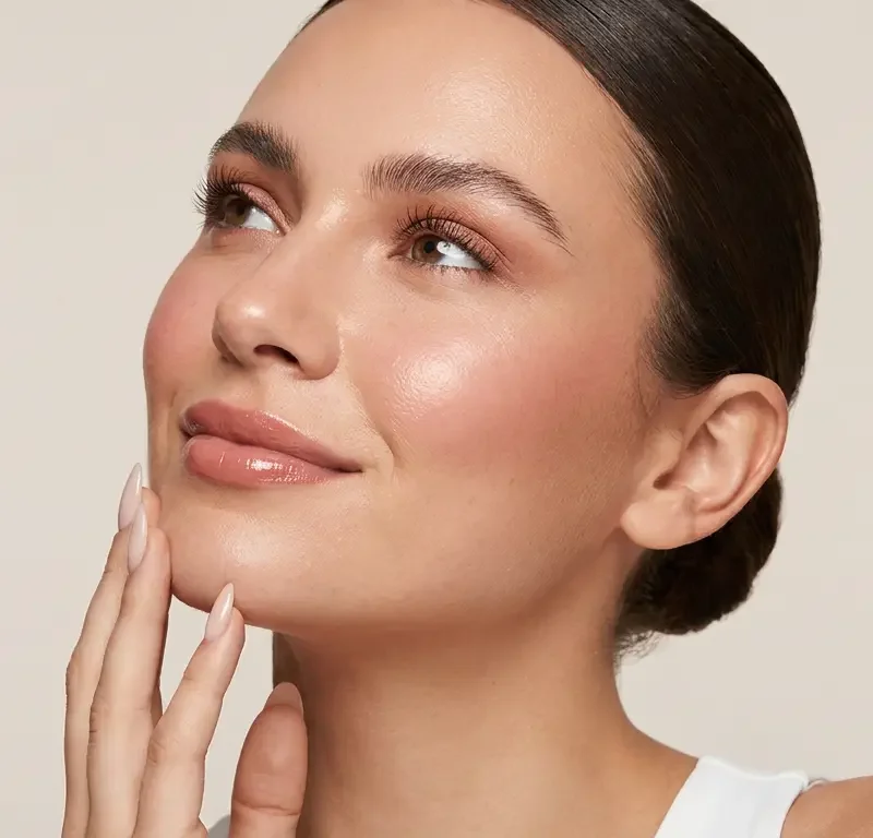 Rostro con huesos de las mejillas definidos mediante maquillaje luminoso y contorno suave