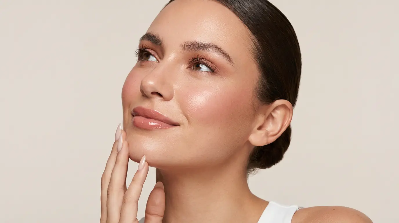 Rostro con huesos de las mejillas definidos mediante maquillaje luminoso y contorno suave
