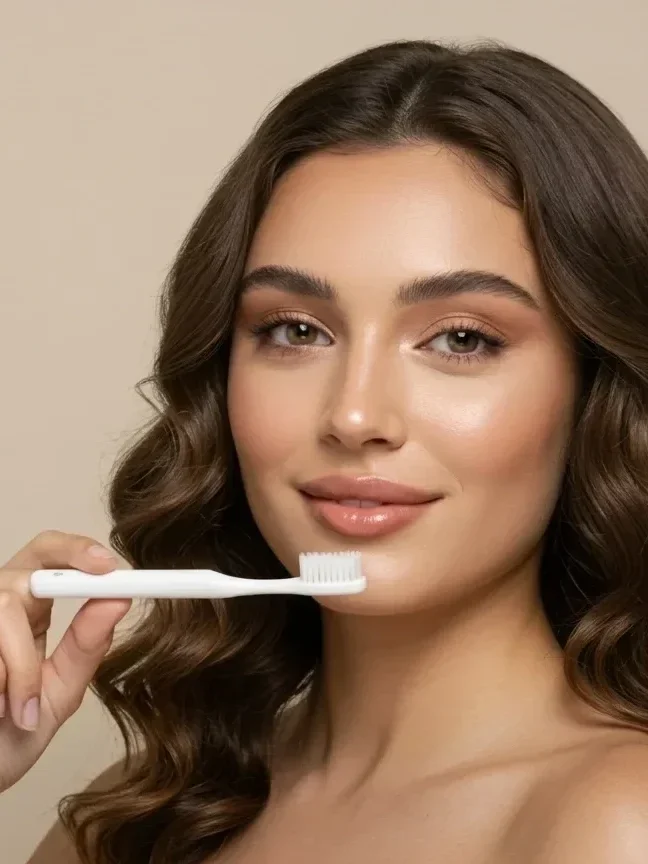 Joven mujer cepillandose sus dientes