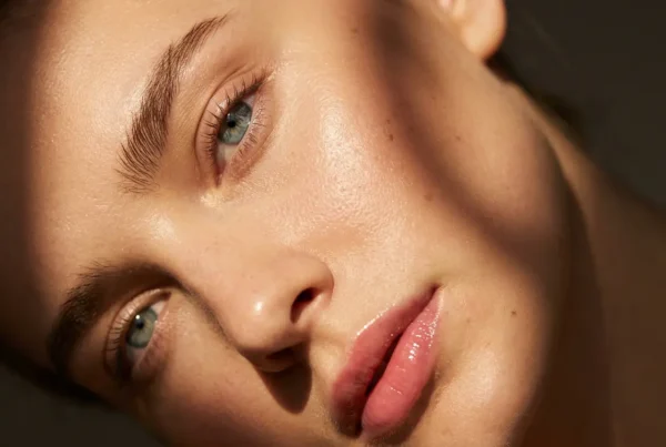 Primer plano editorial de rostro femenino con labios brillantes, piel luminosa y sombras cálidas