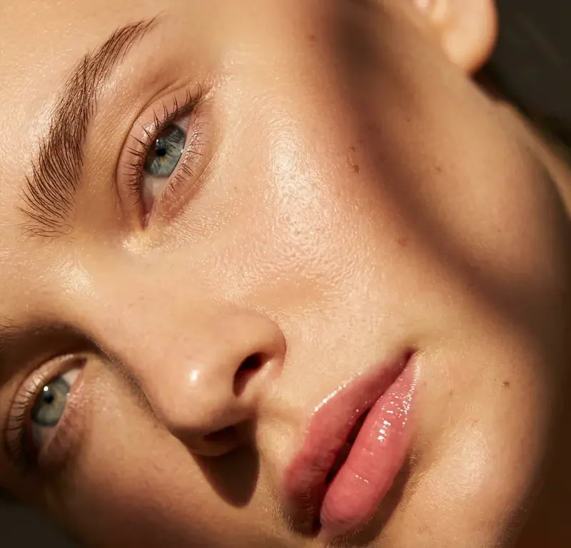 Primer plano editorial de rostro femenino con labios brillantes, piel luminosa y sombras cálidas