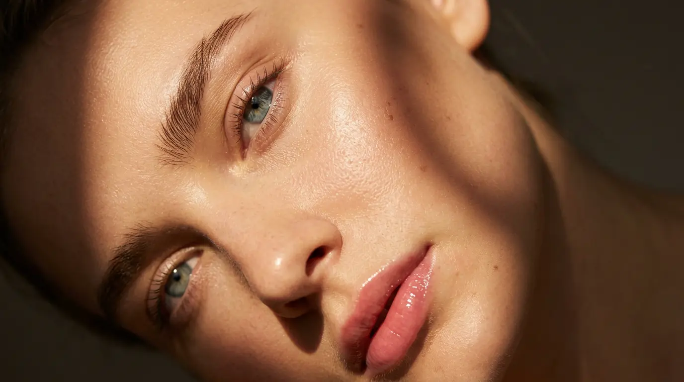 Primer plano editorial de rostro femenino con labios brillantes, piel luminosa y sombras cálidas