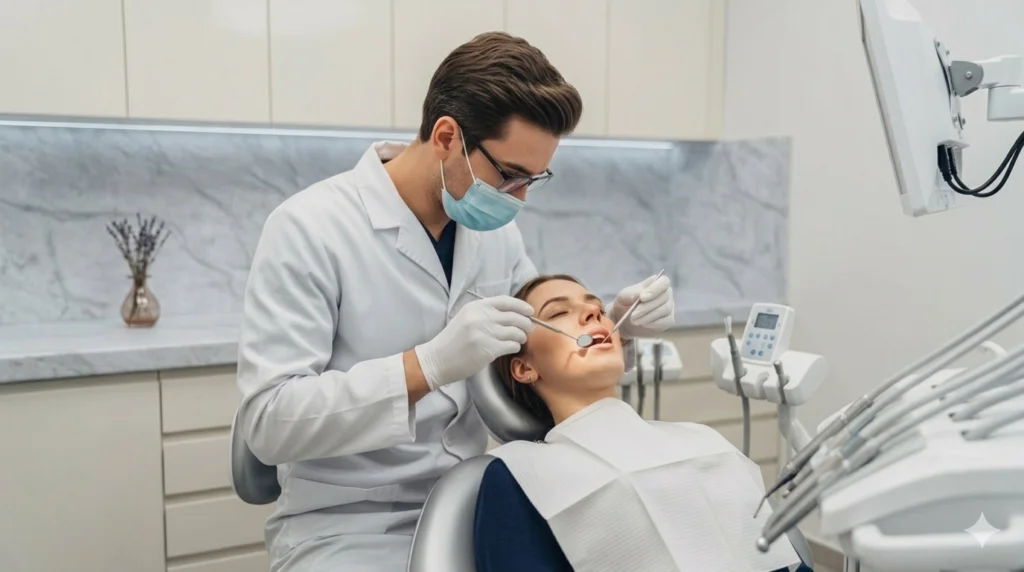 Dentista realizando limpieza dental en mujer
