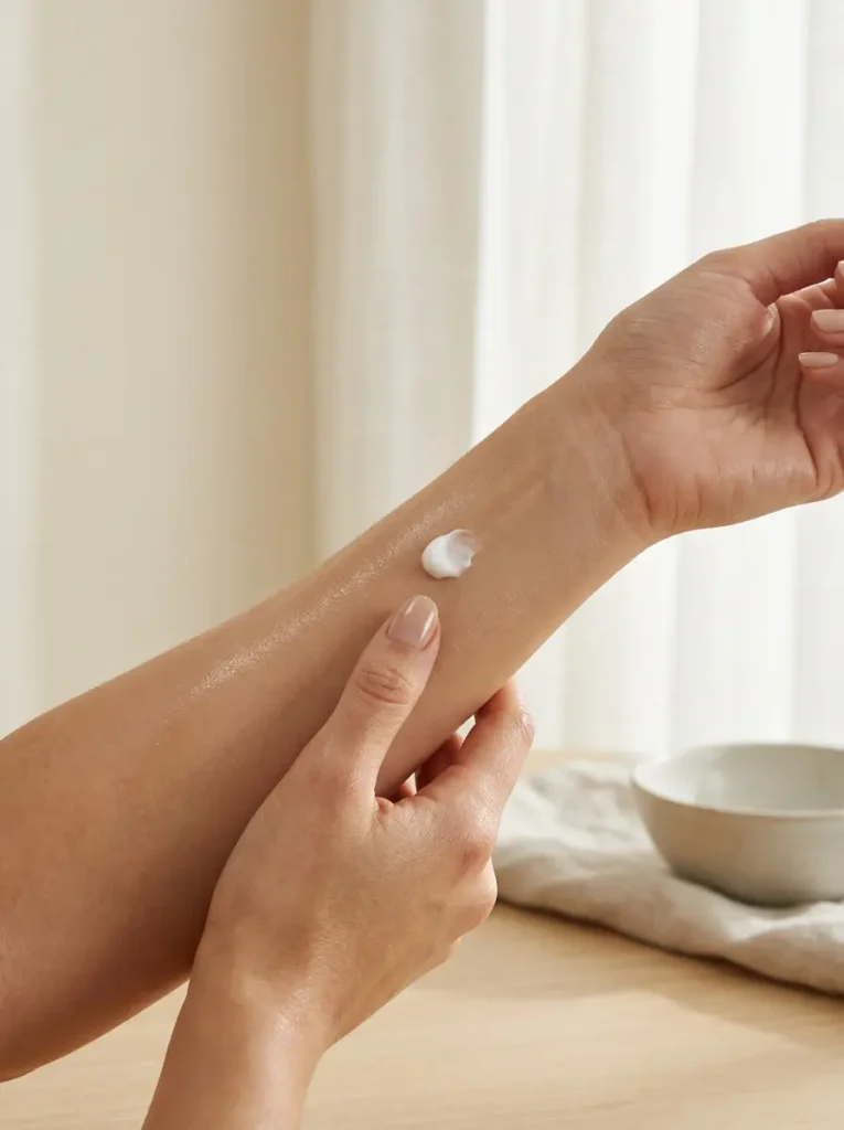 Prueba de parche con crema depilatoria aplicada en el antebrazo