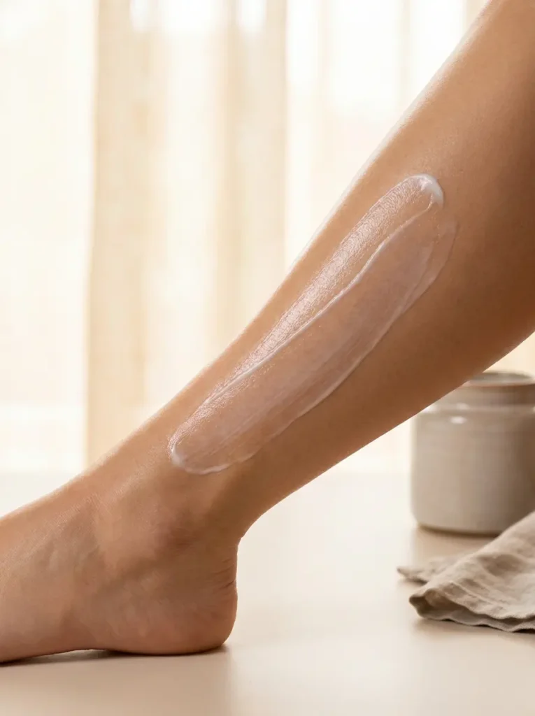 Primer plano de crema depilatoria blanca aplicada sobre la piel