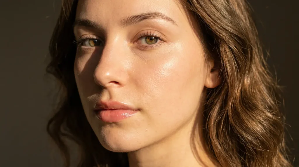 Retrato beauty de mujer con piel glowy, maquillaje natural y cabello castaño ondulado