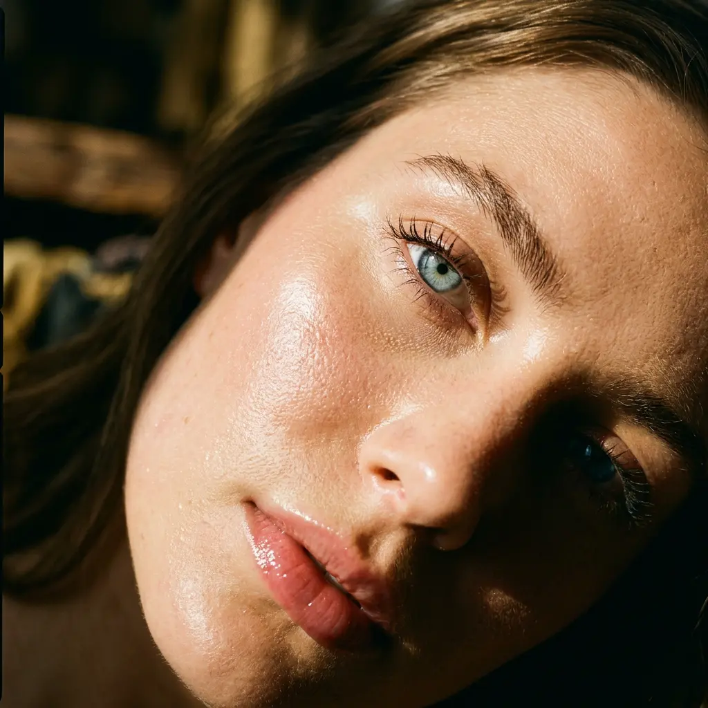 Primer plano de rostro femenino con piel luminosa, labios brillantes y luz dorada natural