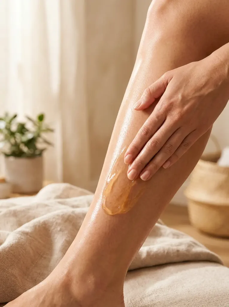 Pierna con crema depilatoria aplicada junto a un temporizador para controlar el tiempo de uso