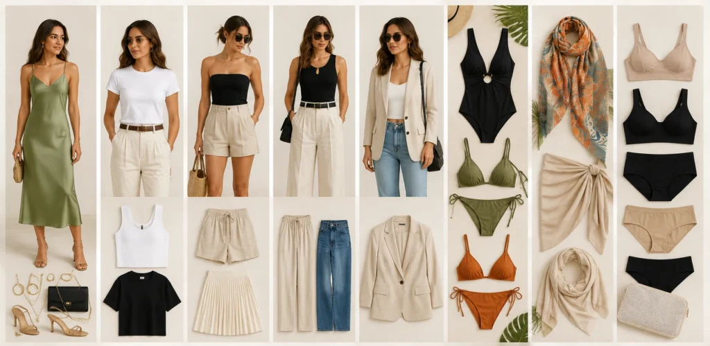 Selección de prendas básicas para una maleta de vacaciones con vestido, camisetas, pantalones, blazer, bañadores, pareos y ropa interior.