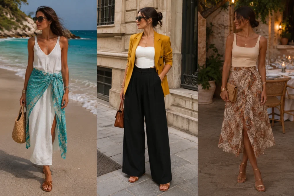 Paleta de colores para outfits de vacaciones con prendas neutras, acentos terracota y verde oliva, rayas y accesorios de fibras naturales.