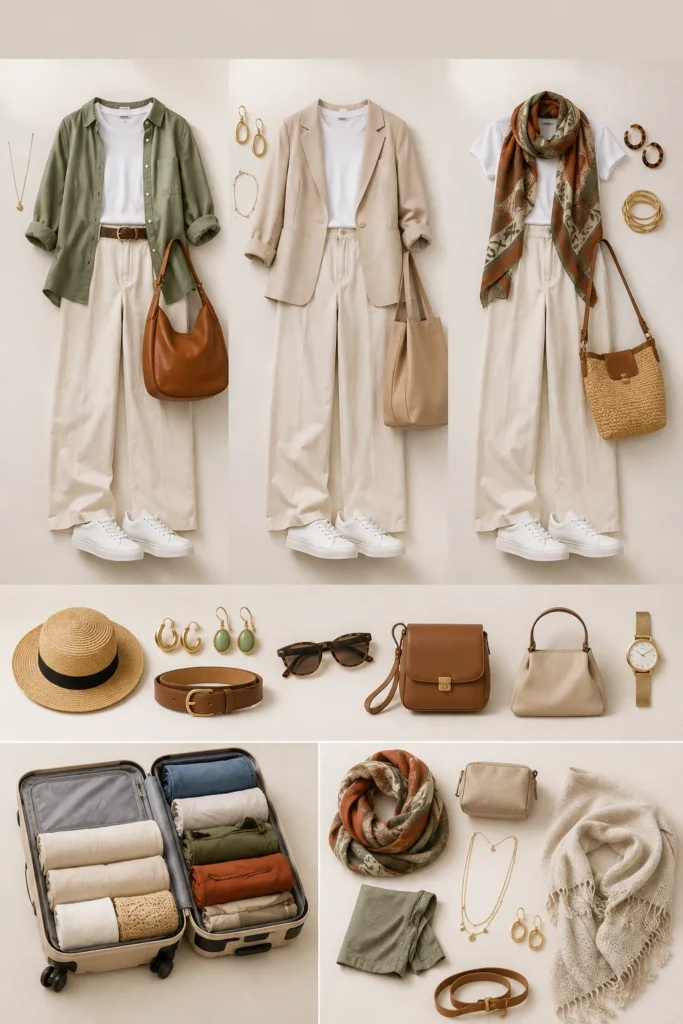 Tres looks de viaje con pantalón blanco, camiseta básica, camisa verde, blazer beige, pañuelo estampado y accesorios para multiplicar combinaciones.