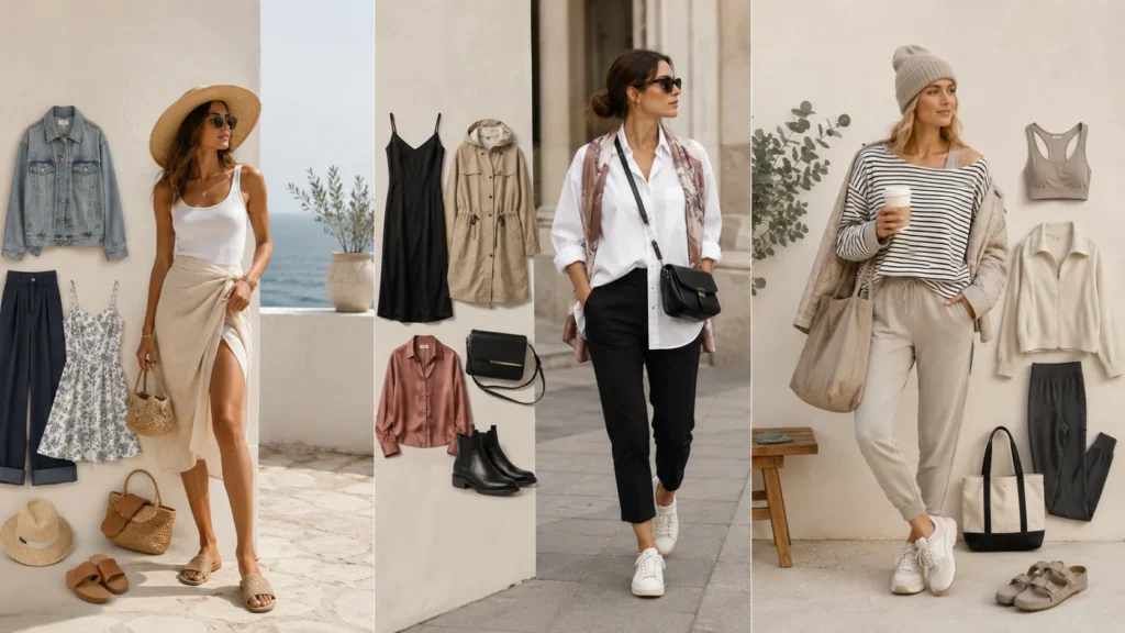Ejemplos de cápsulas de viaje para playa, ciudad y relax con vestidos, pantalones, chaquetas, bolsos y calzado cómodo.
