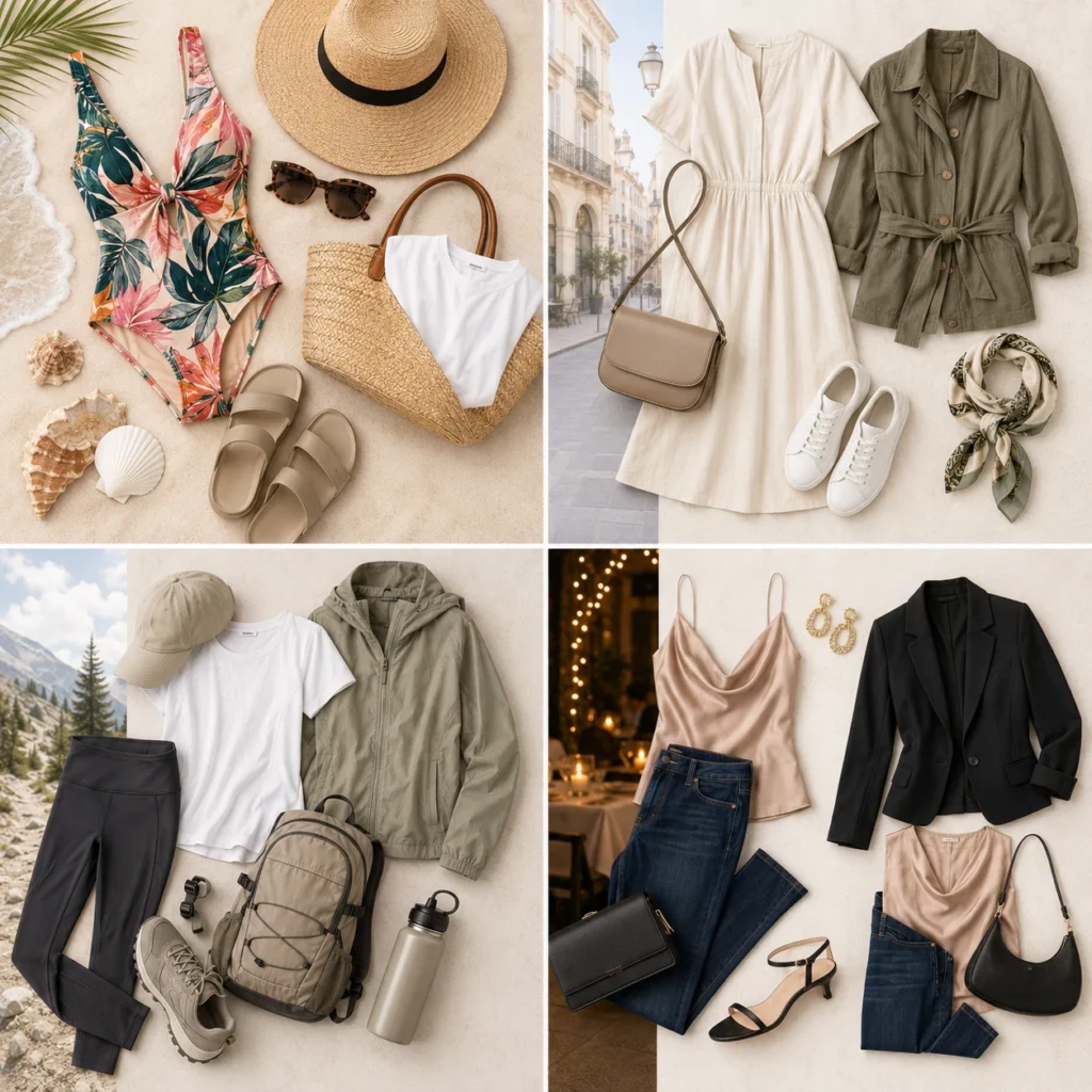 Outfits completos para vacaciones organizados por actividad: playa con bañador, ciudad con vestido, excursión con ropa técnica y cena con blazer.