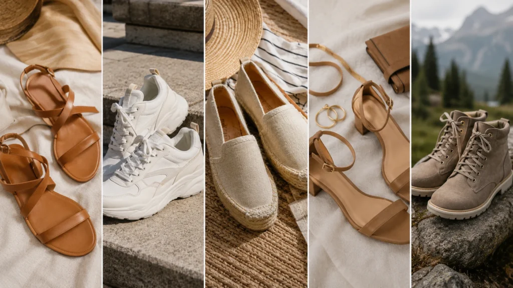 Cinco opciones de calzado para vacaciones: sandalias planas, deportivas blancas, alpargatas, sandalias de tacón bajo y botas ligeras.