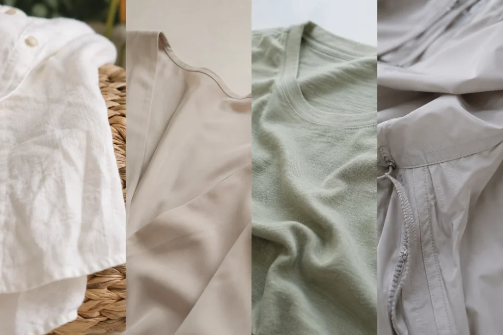 tejidos ideales para viajar, como lino, viscosa, punto ligero y nylon, pensados para evitar arrugas y no usar plancha.