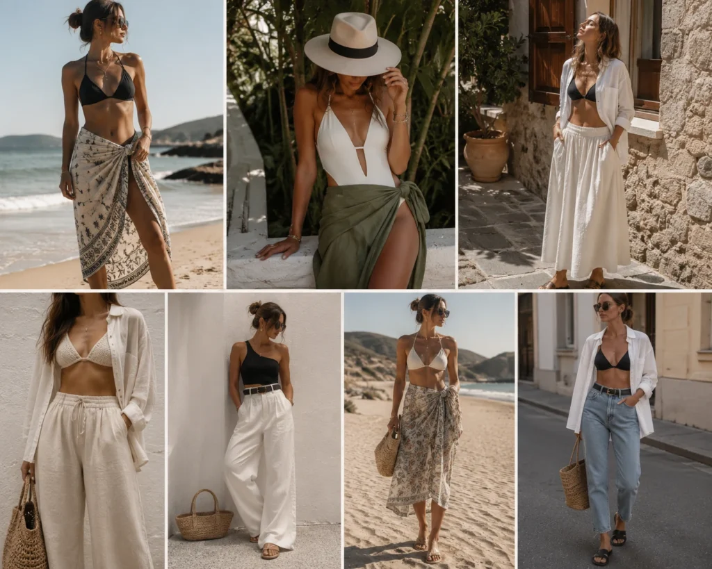 Looks de vacaciones con bikini o bañador combinados con pareos, camisa blanca, pantalones fluidos y falda larga para pasar de playa a paseo.