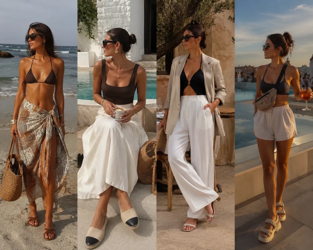 Cuatro looks de día a noche para vacaciones con bikini, pareo estampado, falda blanca, pantalón palazzo, blazer de lino y shorts.