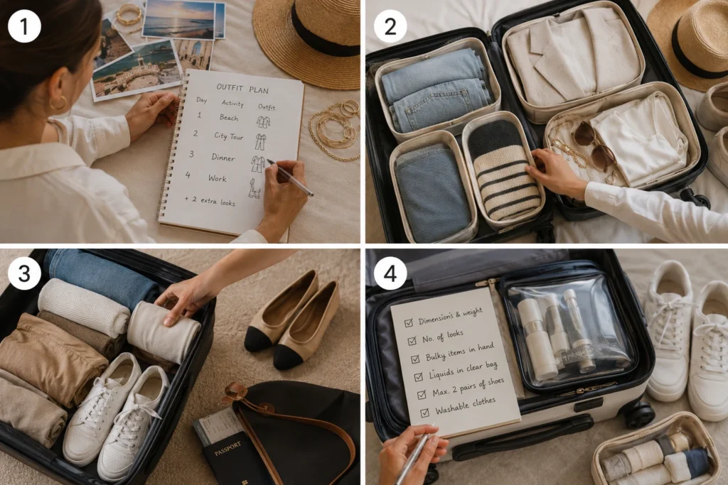 Proceso de empacar outfits de vacaciones en cuatro pasos con planificación de looks, packing cubes, ropa enrollada, neceser transparente y zapatillas.