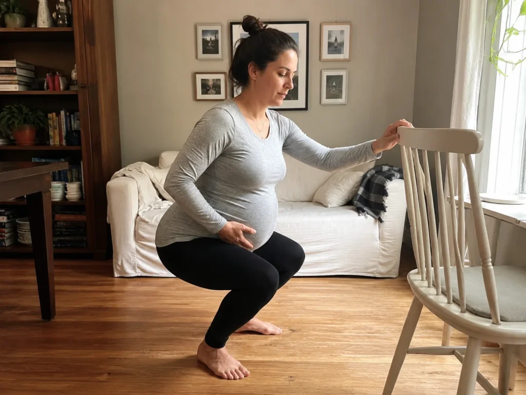 Mujer mayor practicando un ejercicio de equilibrio con el apoyo de una silla en casa