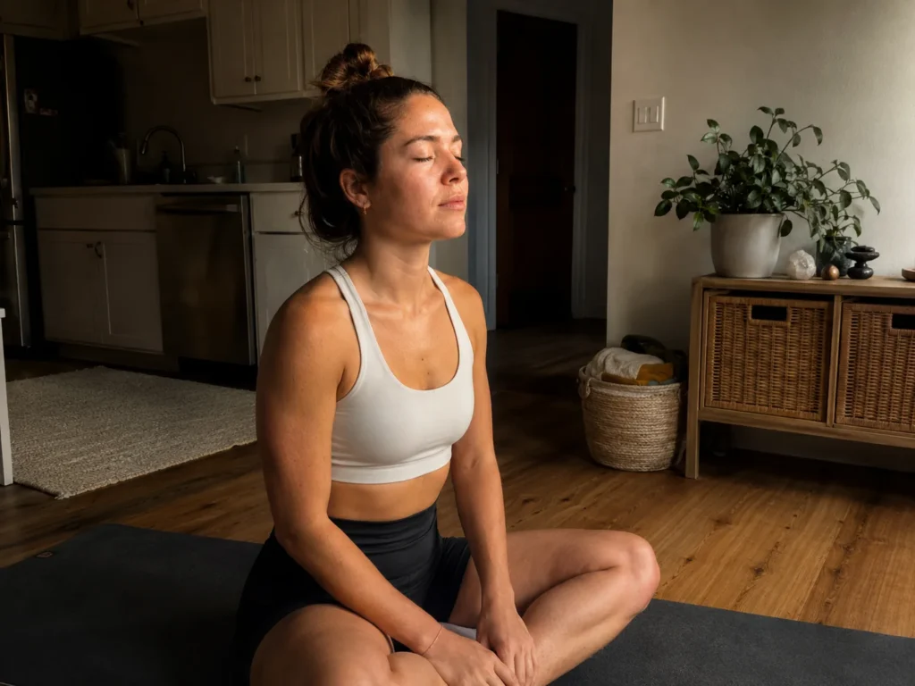 Mujer sentada sobre una esterilla respirando con los ojos cerrados después de entrenar