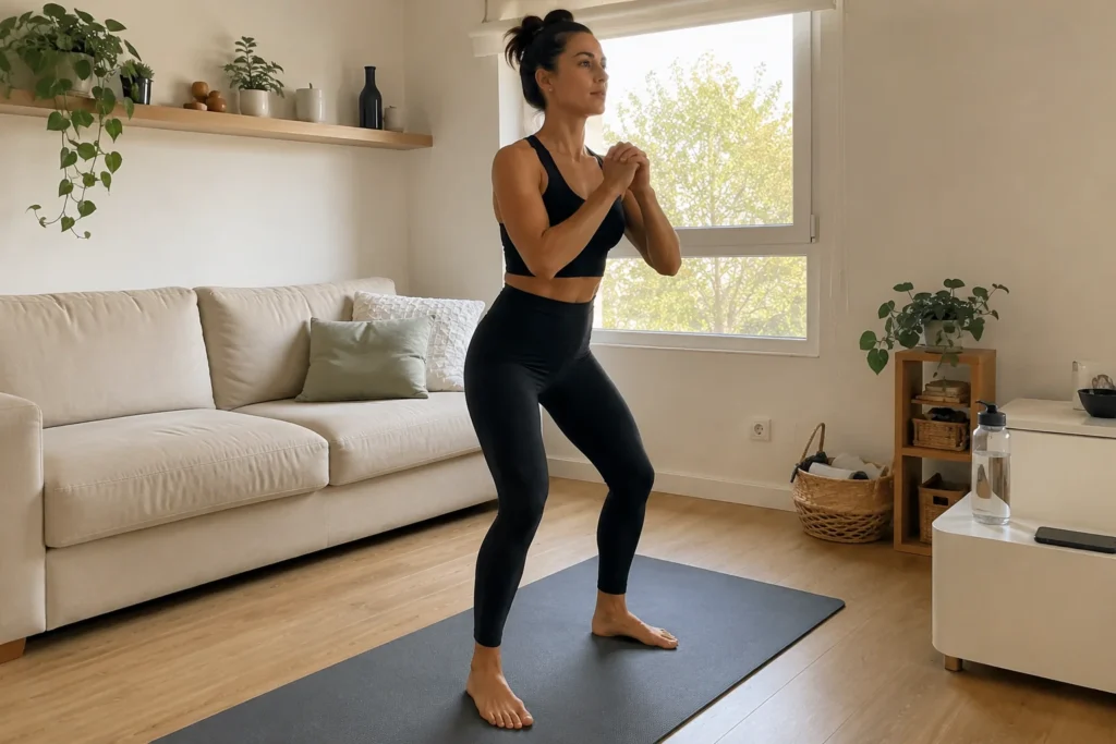 Mujer realizando una sentadilla suave como parte del calentamiento antes de entrenar en casa