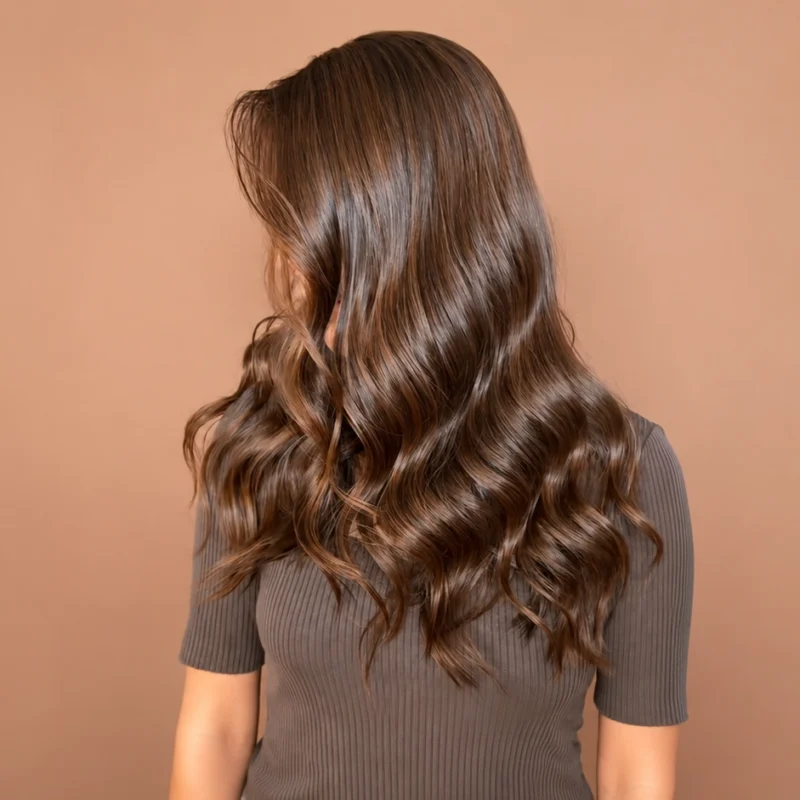 Mujer de espaldas con Color de pelo avellana ondulado y brillante