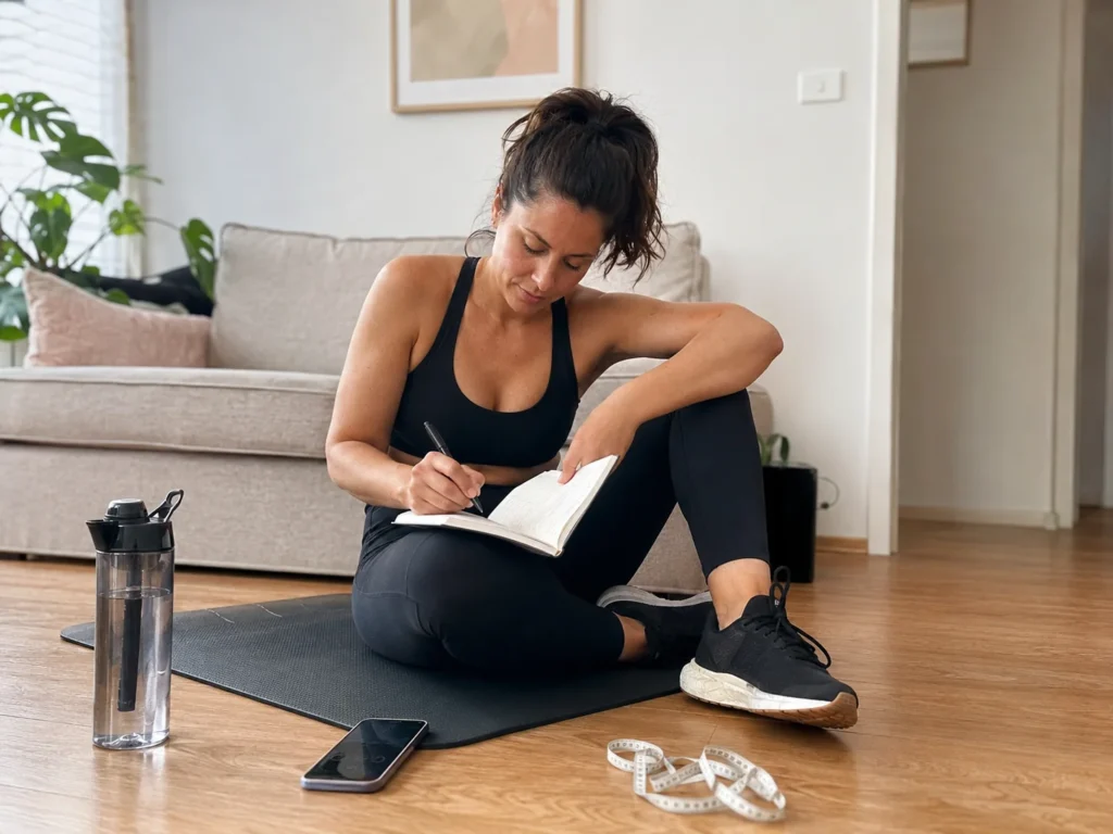 Mujer anotando el progreso de su entrenamiento en una libreta junto a una esterilla y una cinta métrica