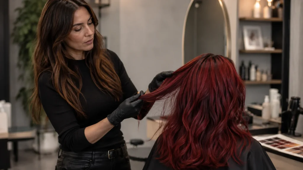Colorista revisando un cabello cherry red para corregir el tono y unificar el color