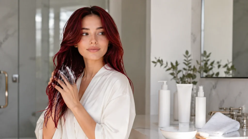 Mujer aplicando una mascarilla para mantener hidratado su cabello cherry red